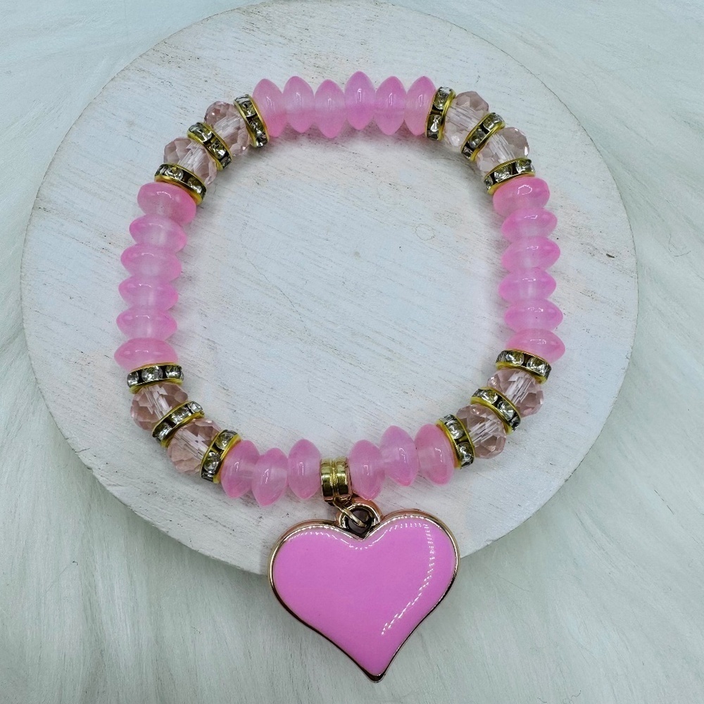 Pink Beaded Bracelet Heart Pendant Bracelet